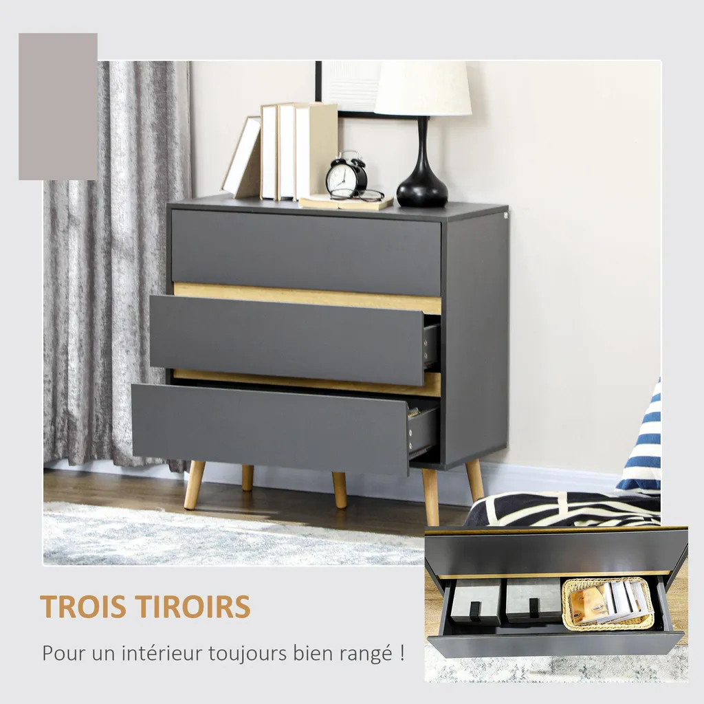 Rangement chambre commode grise 3 tiroirs scandinave gain de place 80cm