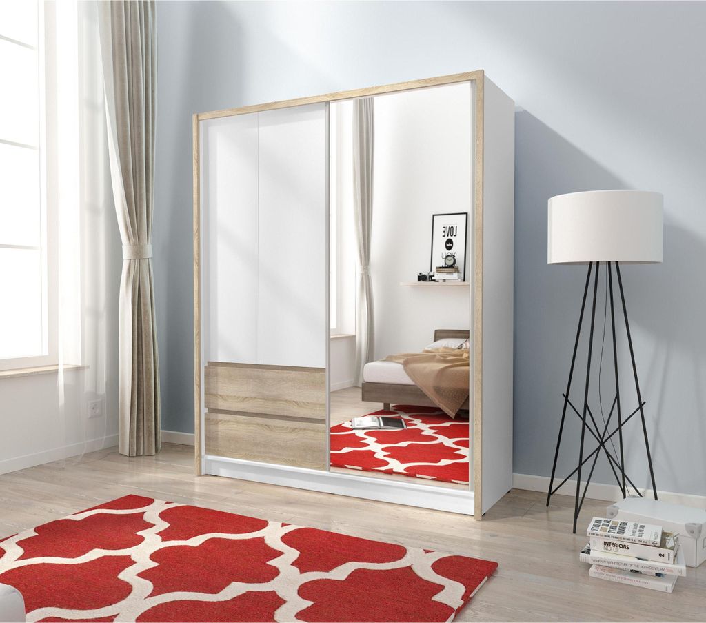 Kleiderschrank 150 cm mit Schiebetüren ZOJA 2-türiger Kleiderschrank mit Spiegel im modernen Stil Kleiderschrank mit Schubladen, Breite: 150 cm, ...