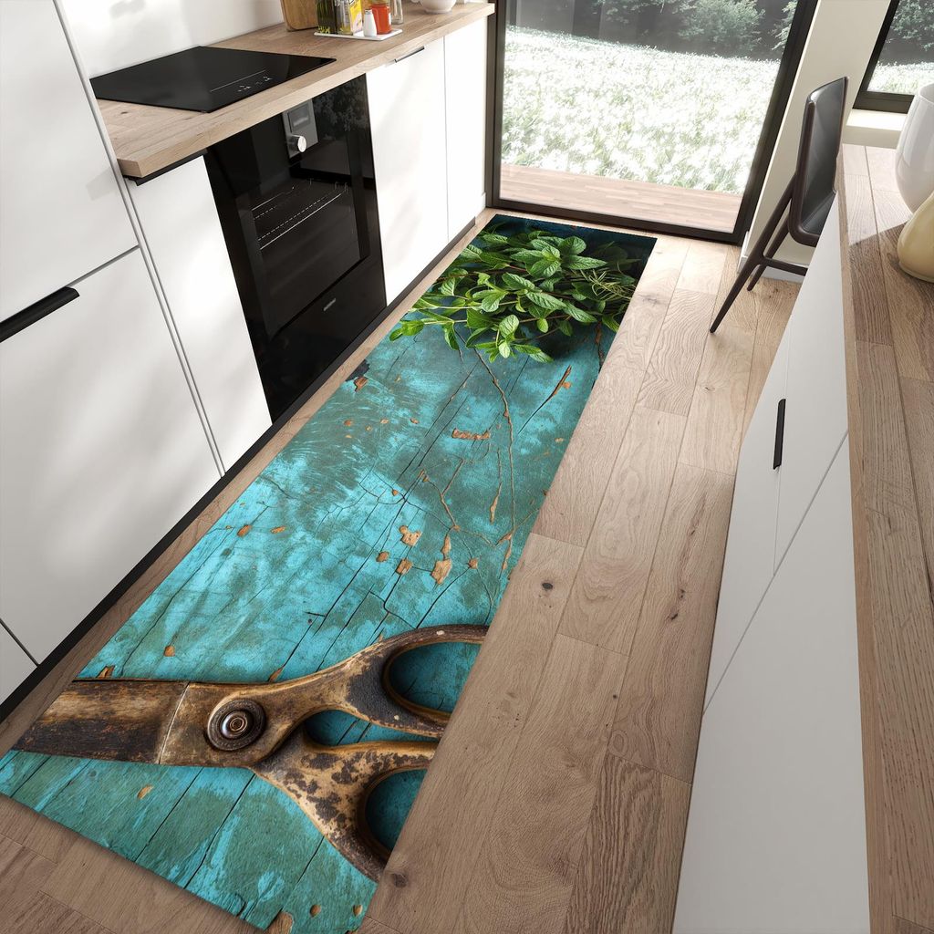 Küchenteppich 80x300cm rutschfest & abwischbar PVC Läufer - Alte Schereauf Holz