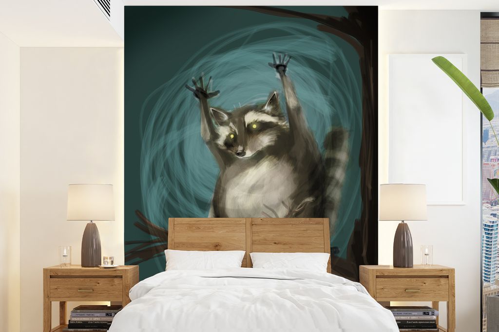 MuchoWow Fototapete für Wohnzimmer oder Schlafzimmer Wandtapete Vinyl Motivtapete Illustration eines Waschbären mit erhobenen Händen - 195x260...