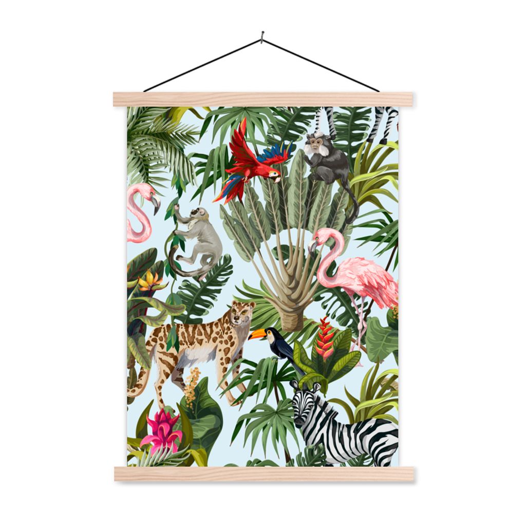 MuchoWow Textilposter Dschungel - Tiere - Mädchen - Kinder - Jungen - Flamingo - Papagei 40x53 cm mit holzfarbenen Rahmen - Schlafzimmer