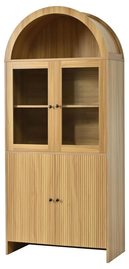 Buffet Vitrine en Bois avec Dessus Bombé et Façade à Motifs Ondulés