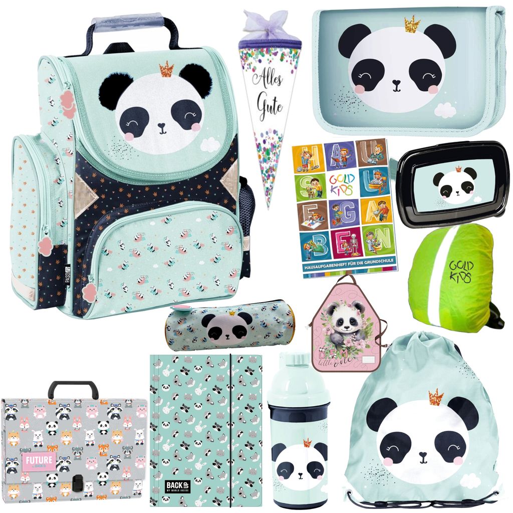 Schulranzen Set 12er XXL Panda ergonomischer Ranzen Federmappe Zuckertüte Schürze Turnbeutel Brotdose Trinkflasche Aufgabenheft für die Grundschule