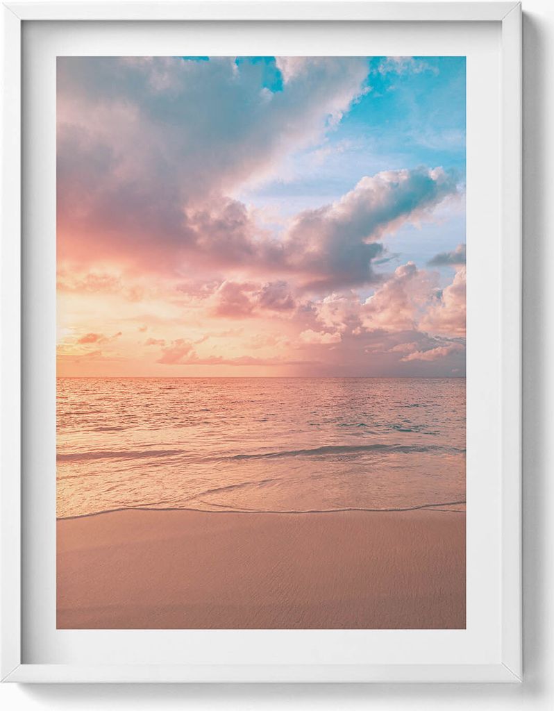 Romantischer Sonnenuntergang über dem Meer– Wandbild mit Rahmen – Gerahmtes Bild – Wanddekoration – 60x80 cm – Weiß Rahmen