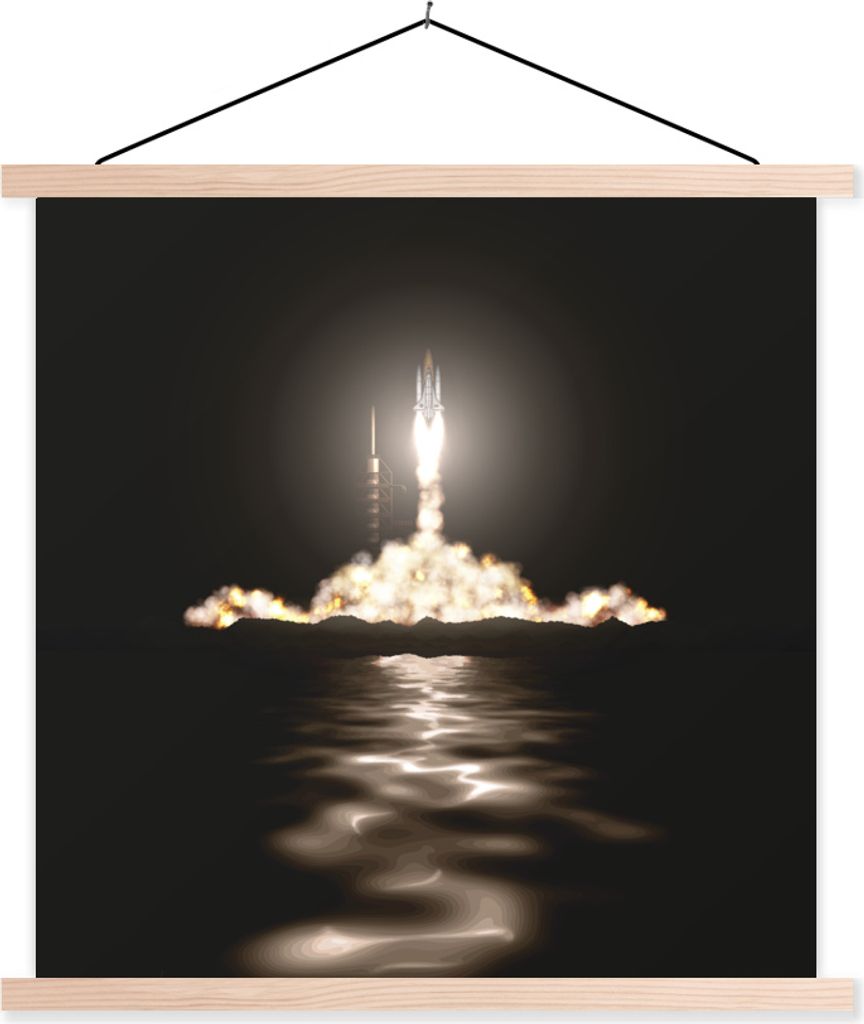 MuchoWow Textilposter Eine Illustration des Space Shuttle-Starts in der Dunkelheit 40x40 cm mit holzfarbenen Rahmen - Posterleiste