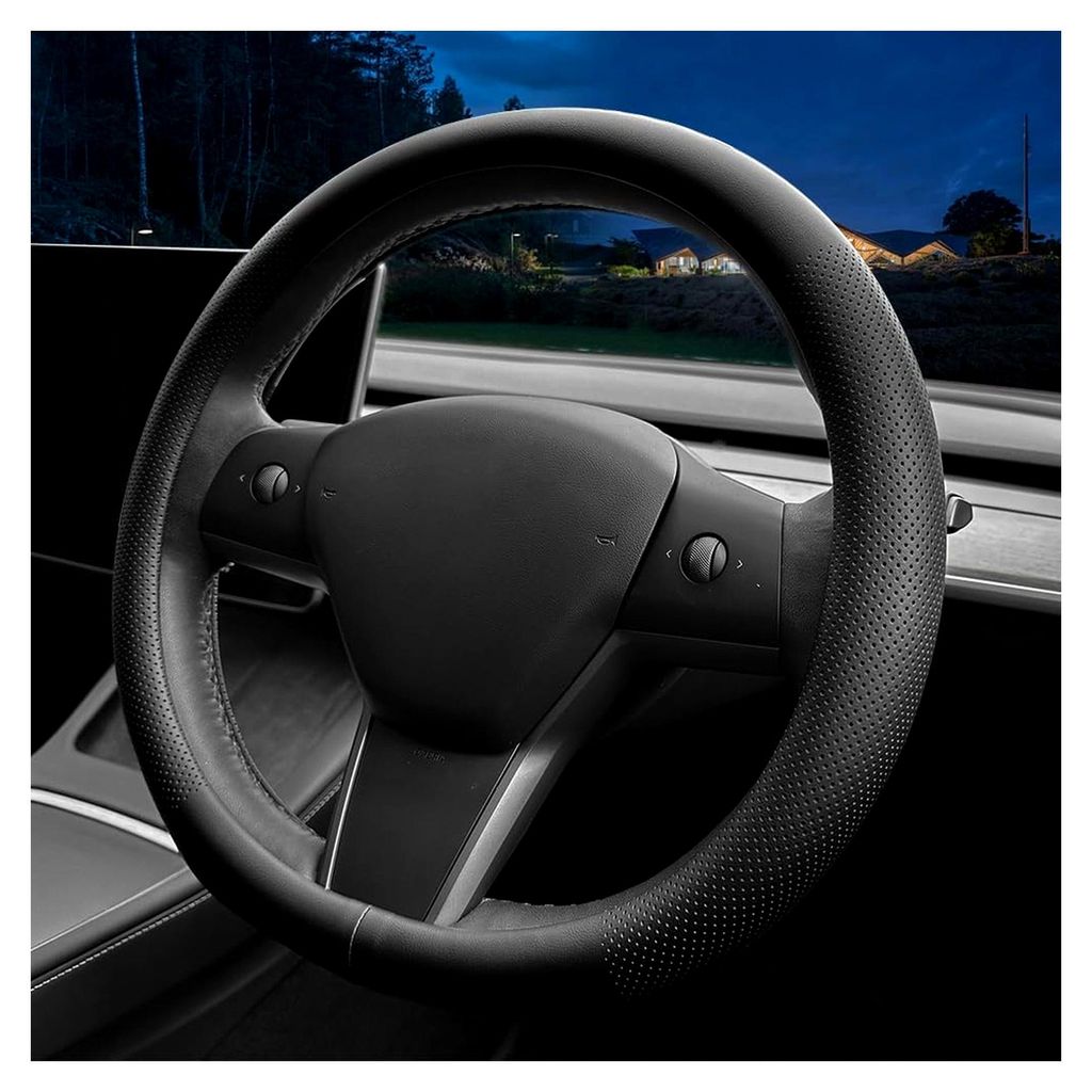 Nappa-Leder-Lenkradabdeckung, passend für Tesla Model 3 / Tesla Model Y Lenkradabdeckung(Schwarz)