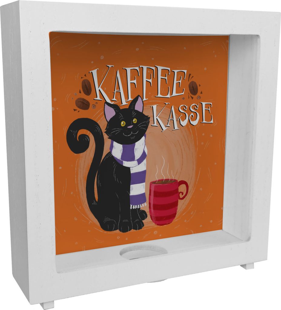 Herbstliche Kaffeekasse Rahmen Spardose aus Holz mit schwarzer Katze