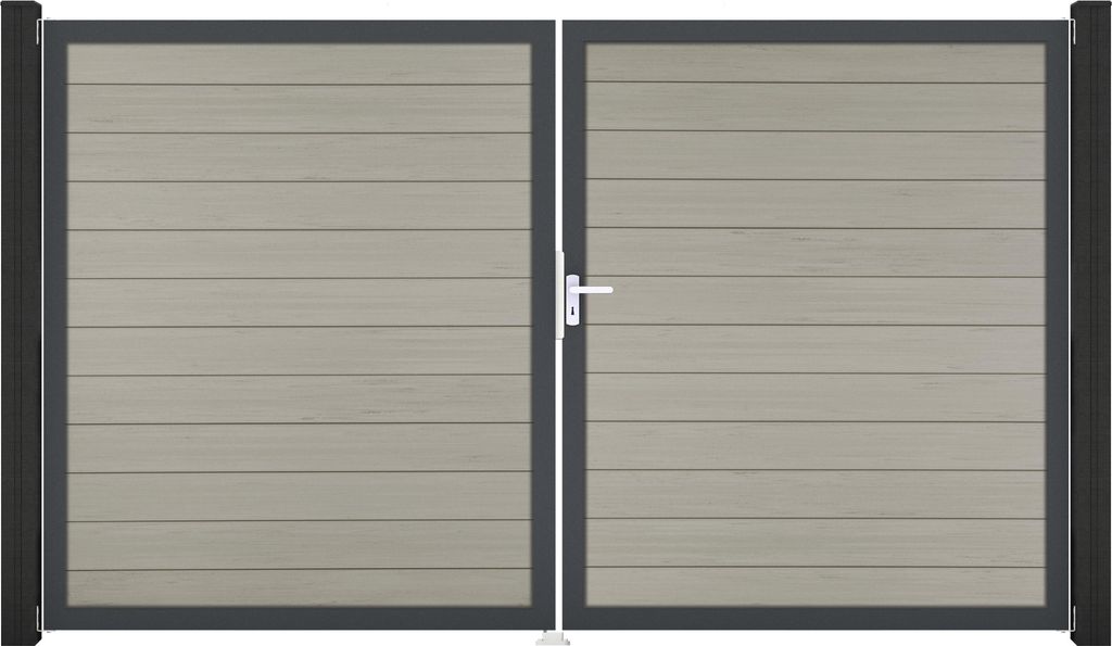 GroJa Solid Steckzaun Tor Walnuss co-ex DIN rechts 300x180x4 cm Alu-Rahmen DB 703, 2-flügelig