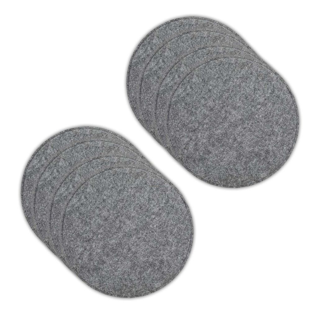 Two stacks of round, gray felt coasters are shown against a white background.