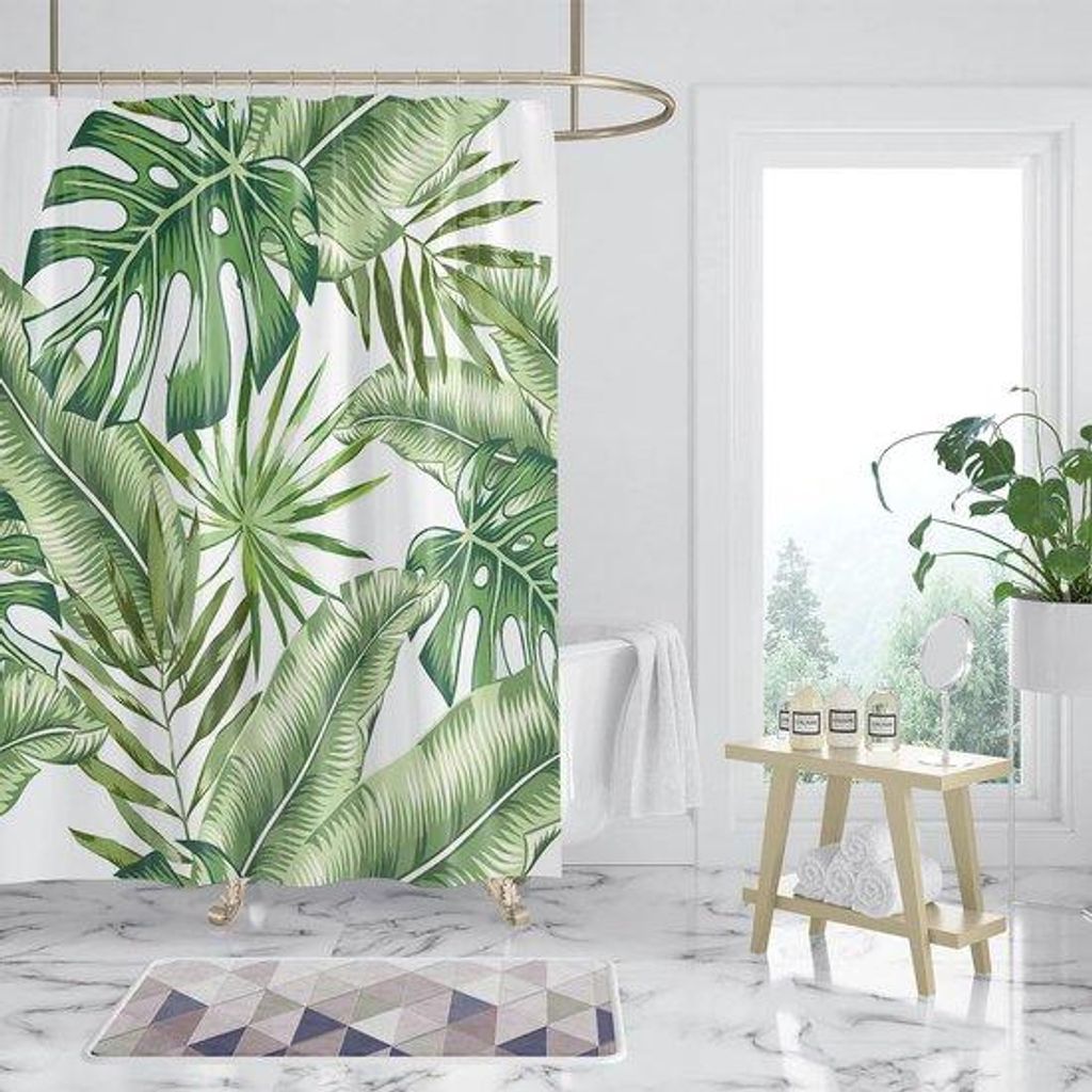 Grüner Pflanzenbadvorhang 180 x 200 cm, wasserdicht, schimmelabwehrend, mit 12 Haken