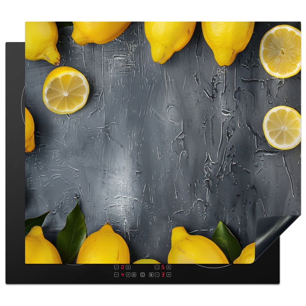 KitchenYeah Herdabdeckplatte Beton - Zitrone - Grau - Gelb , 59x51cm, Küche Deko, Glaskeramikkochfeld Herdabdeckung, Abdeckplatte fùr Kochfeld