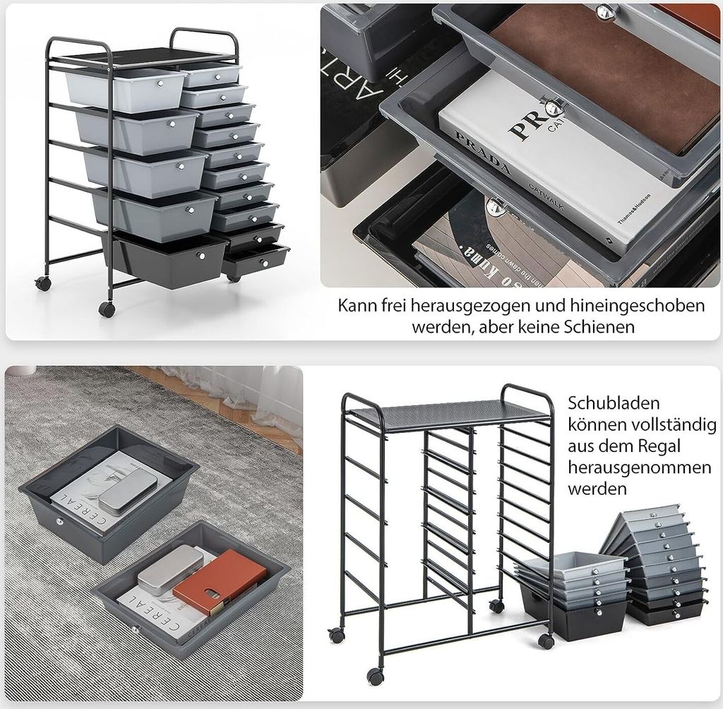COSTWAY Rollwagen mit 15 stapelbaren Schubladen, Schubladenwagen Rollcontainer mit Metallgestell und Ablagefläche, Badrollwagen Aufbewahrungswagen für Büro, Wohnzimmer, 62,5 x 37 x 87 cm
