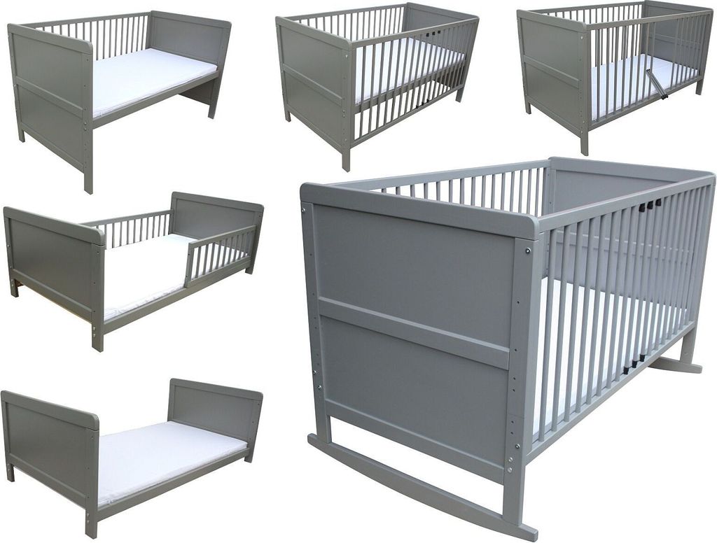 Kinderbett Juniorbett Beistellbett Wiege 140x70 cm 4in1 mit Matratze grau