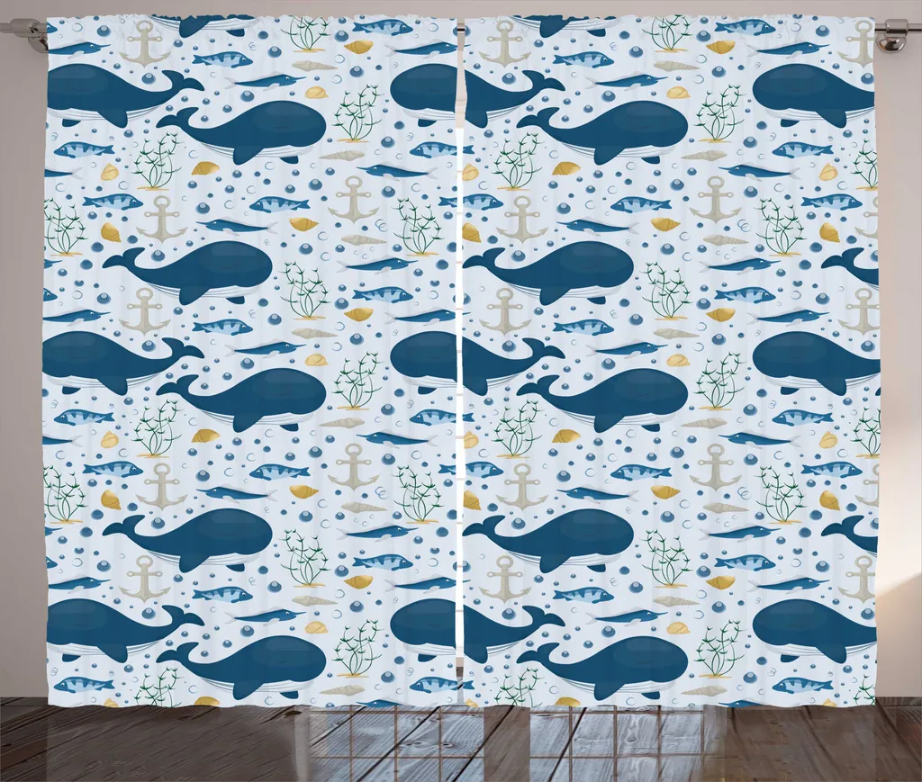 Grand Rideau 280 x 225 cm Rustique Imprimé Poissons et Baleines Bleu