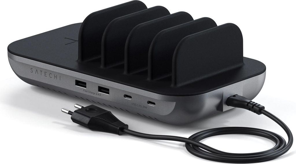 A Satechi charging station with multiple slots and ports, connected to a power cable.