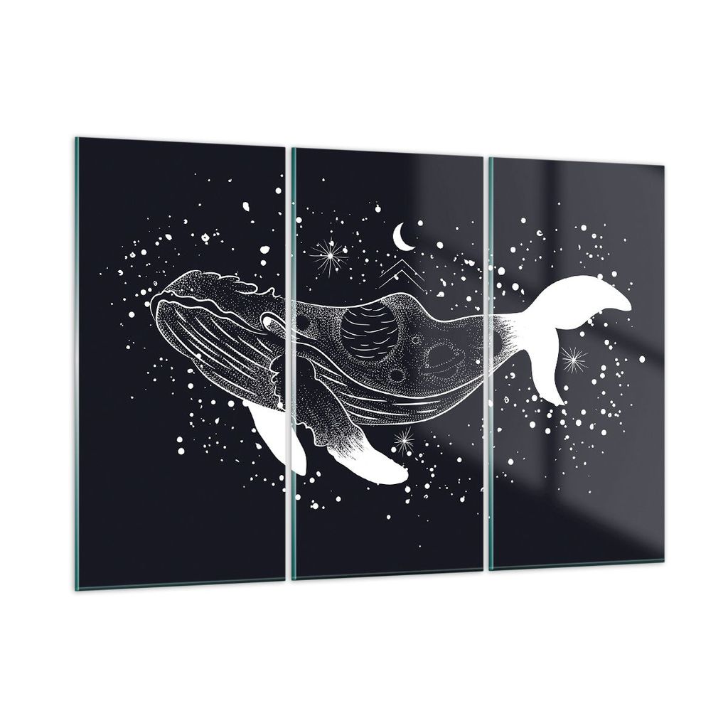 Bilder auf glas - 3 Teile - Wal Schwarzweiß Grafik - 165x110cm - Glasbilder - Wandbilder - Bilder - zum Aufhängen bereit - Wanddekoration aus Gla...