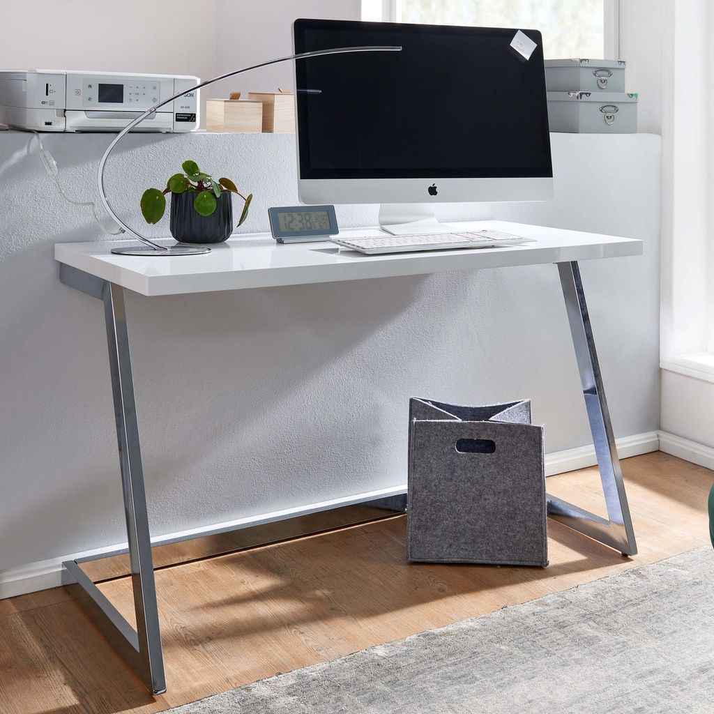 WOHNLING Schreibtisch 120x55x76 cm Hochglanz Weiß / Silber PC-Tisch mit Metallbeine Design Computertisch Home-Office Bürotisch Konsolentisch Modern