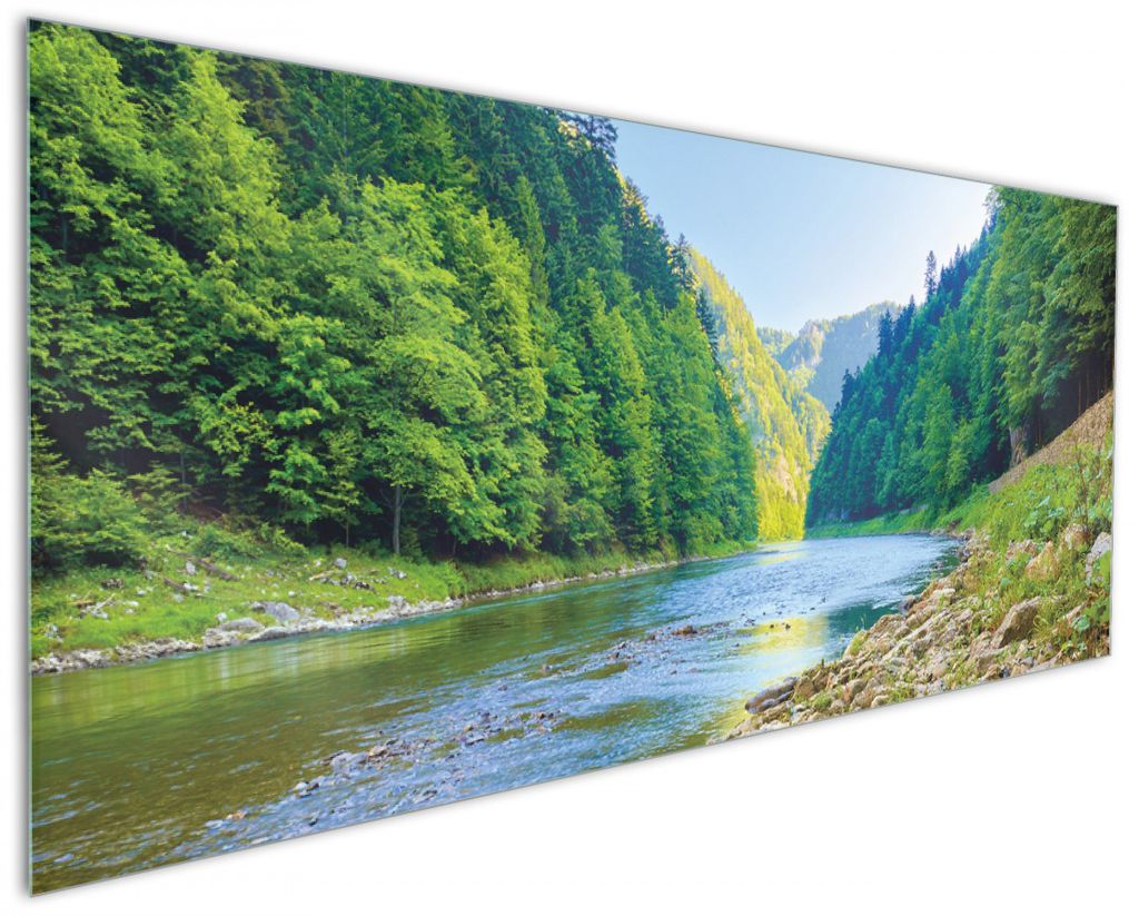 Wallario Küchenrückwand aus Glas, Größe: 125 x 50 cm, Motiv: Fluss in den Bergen an steinigem Ufer | Spritzschutz | abwischbar | pflegeleicht | in