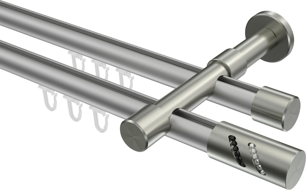 Interdeco Innenlaufstange / Gardinenstange mit Innenlauf Silbergrau / Edelstahl-Optik, Typ Prestige Zoena (Glitzerzylinder), 20 mm Ø 2-läufig, 20...