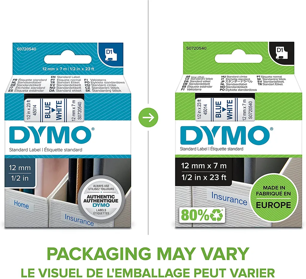 DYMO D1 Standard - Blue on White - 12mm nastro per etichettatrice - 13