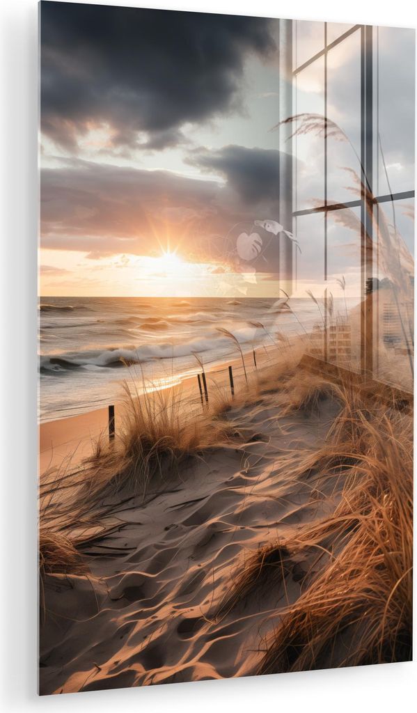 MuchoWow Glasbilder - Bilder auf Wandbild - Foto auf Glas Strand - Dünen - Meer - Sand - Hochgras 20x30 cm Wanddekoration aus Glas - Acrylglasbild...
