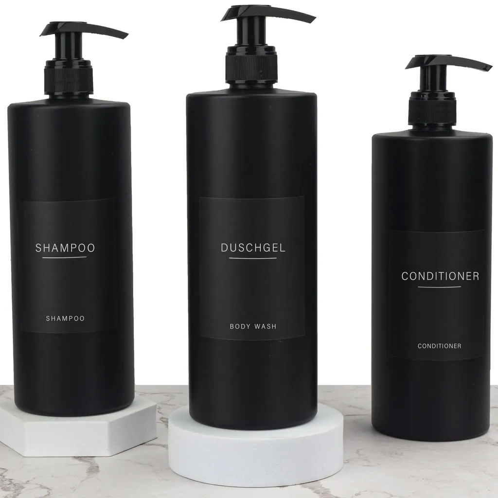Distributeur de savon 500 ml noir mat avec 22 étiquettes étanches