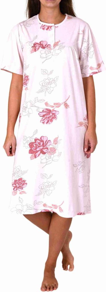 Frauliches kurzarm Damen Nachthemd in klassischer Optik,105 cm Länge, Knopfleiste am Hals ; rosa3 , 44