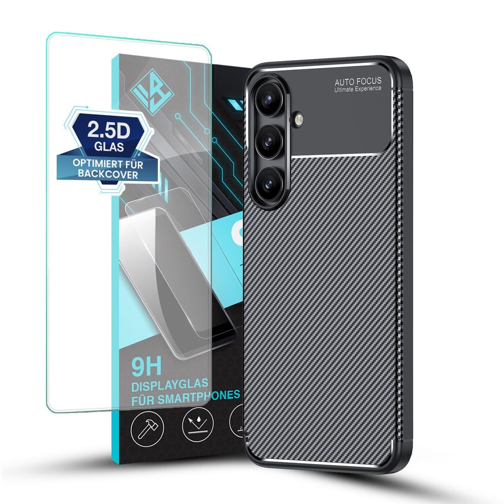 Handy Hülle für Samsung Galaxy S24 FE mit 9H Displayglas Displayschutz Plus Carbon Look Cover Case Schutzhülle Farbe: Schwarz