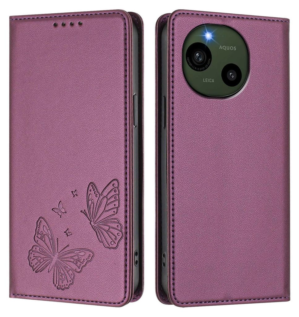 Lederhülle für Sharp Aquos R9, Schmetterling Prägung Leder Brieftasche Schutzhülle mit Ständer Lila