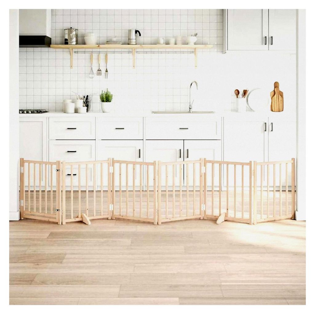 6-teiliges Hundetor mit Tür, faltbar, 300 cm, aus massivem Tannenholz, freistehendes Hundegitter, modularer Haustierzaun für Türen, Treppen, Flu...