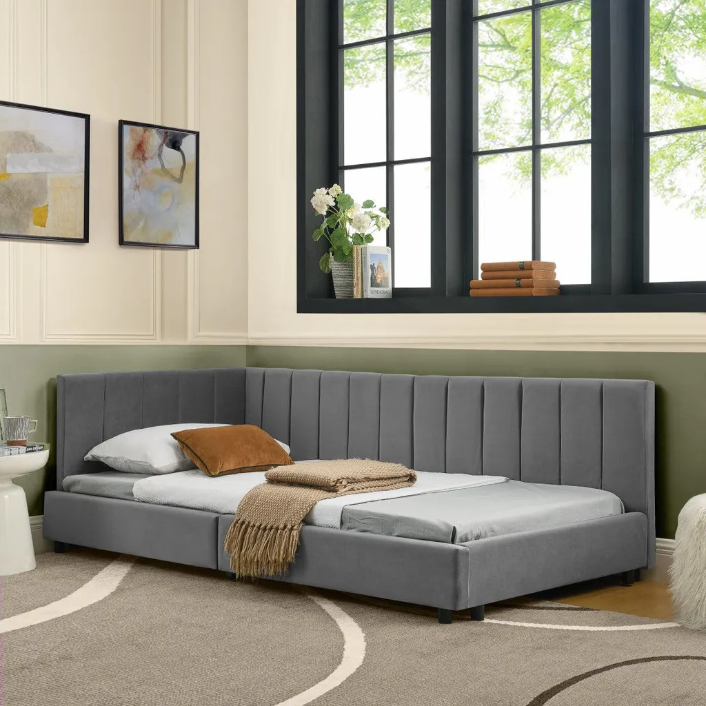 Lit simple robuste 90x200 cm en velours gris pour un sommeil sans bruit