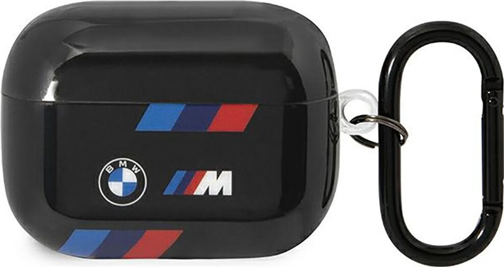 A black AirPods Pro case with BMW branding and colored stripes, attached to a carabiner.