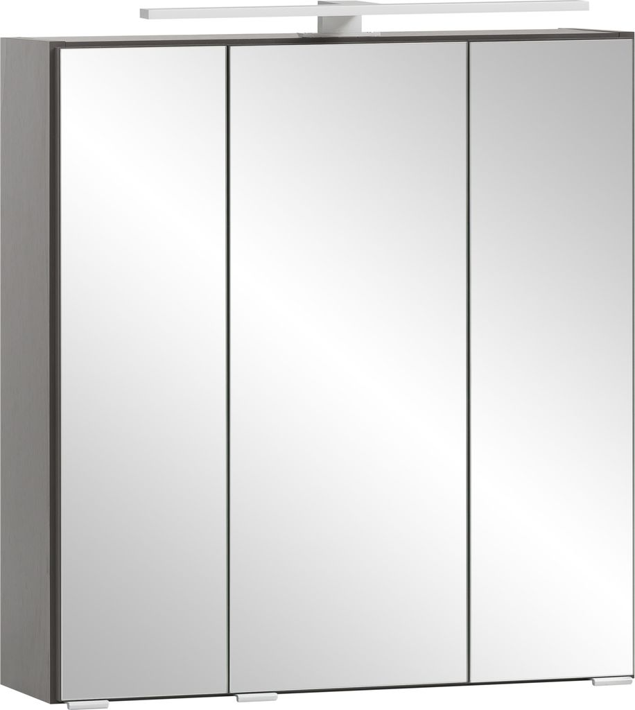 Badezimmerspiegelschrank "Villach" aus Spanplatte in matt grau mit 3 Türen und 6 Einlegeböden. Abmessungen (B/H/T) 60x64x20 cm