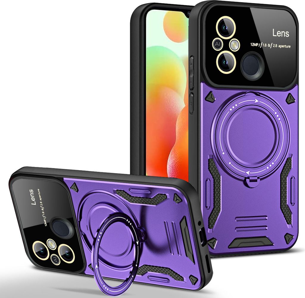 Rüstung Handyhülle für Xiaomi Redmi 12C Dual-Layer Ringhalter Ständer Hülle Lila