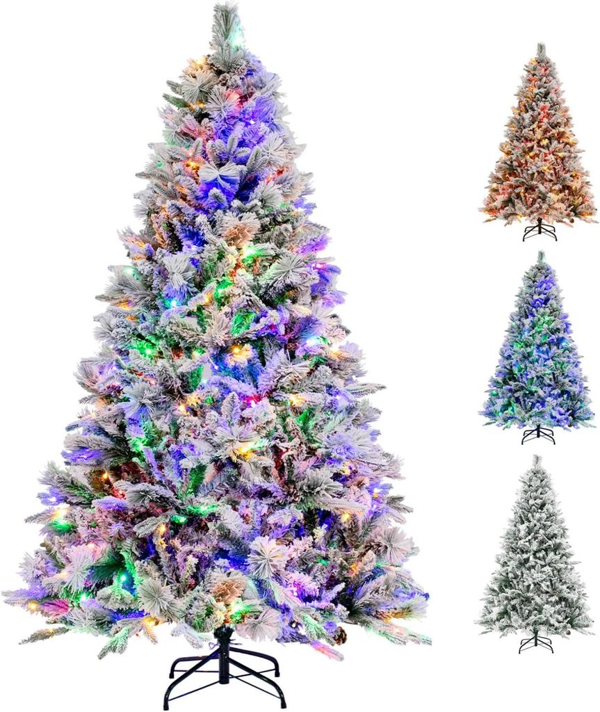 180cm Weihnachtsbaum Künstlich mit Schnee & 34 Tannenzapfen, Tannenbaum mit 240 mehrfarbigen LEDs & 850 Zweigspitzen, Metallständer