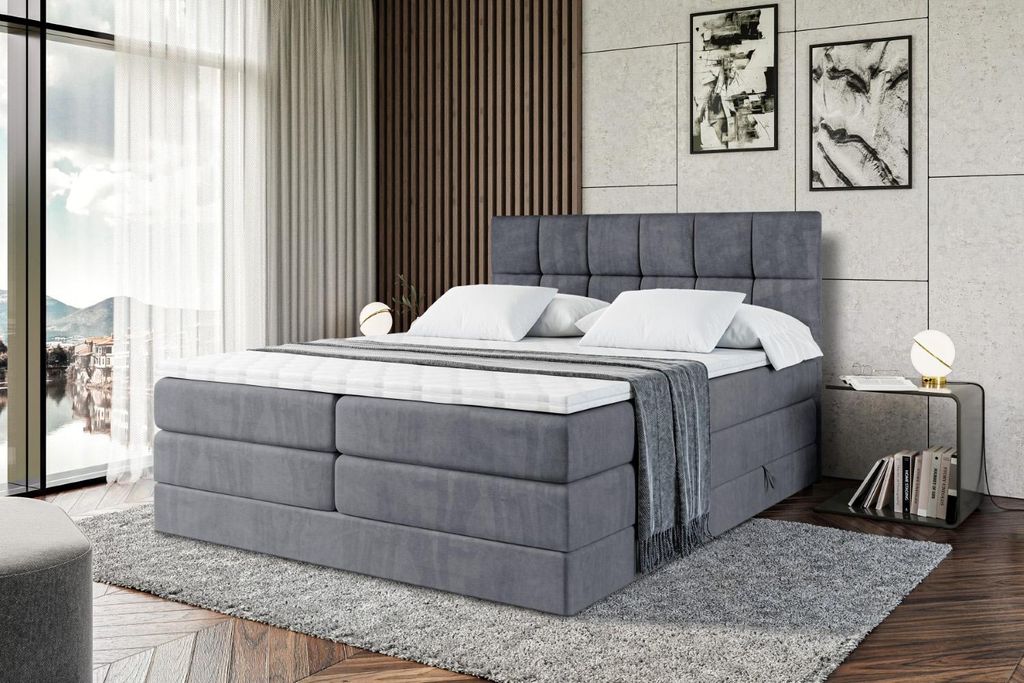 ALTDECOR Boxspringbett mit Matratze und Lattenrost - RICAR KING 180x200 cm - Dunkelgrau Samt - Topper, Polsterbett mit Bettkasten, Bett mit Staurau...