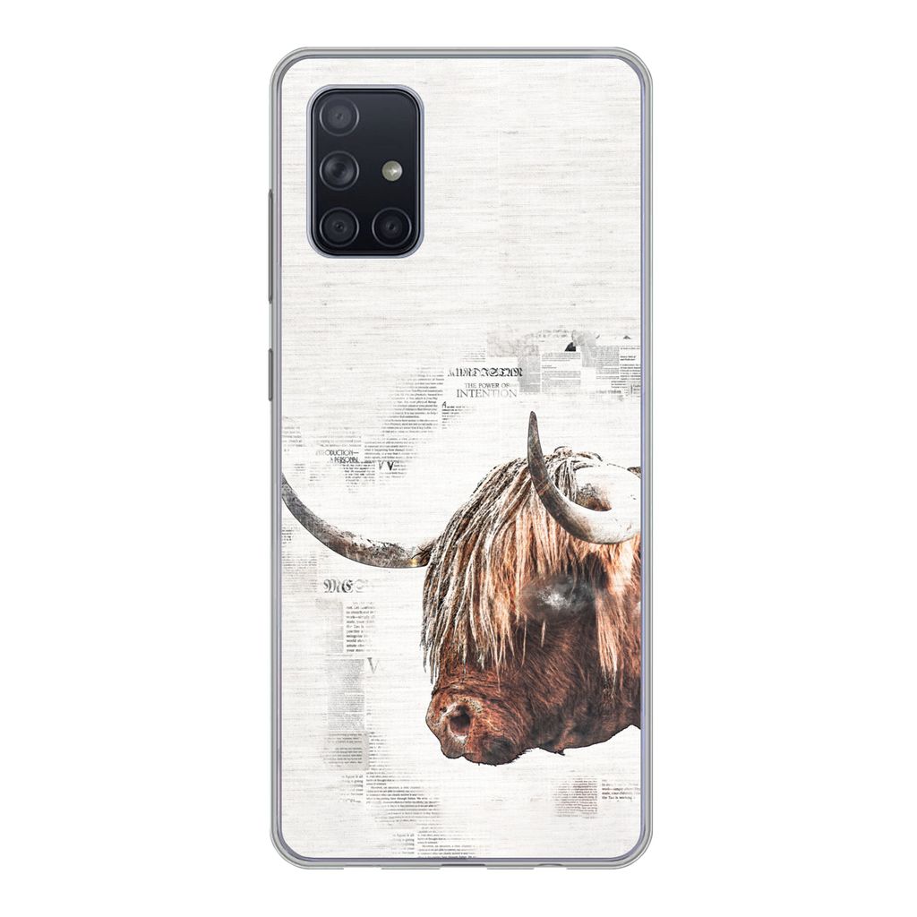 MuchoWow Handyhülle Schutzhülle Hülle für Samsung Galaxy A51 Scottish Highlander - Tiere - Zeitungspapier Silikon Softcase Handy Hülle - Sch...