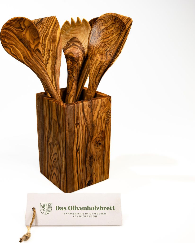 Set aus Olivenholzköcher in eckiger Form mit 5 Küchenhelfern 30cm