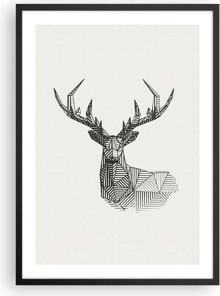 Gerahmtes Poster - Schwarzer Rahmen - Hirsch Skizze Skandinavisch - 50x70 cm - Wand Bild - Wanddeko - Wandbilder - Kunstposter - Wandposter - Bilde...