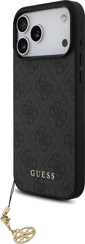 A black phone case with a repeating GUESS logo pattern and a gold charm attached to a lanyard.