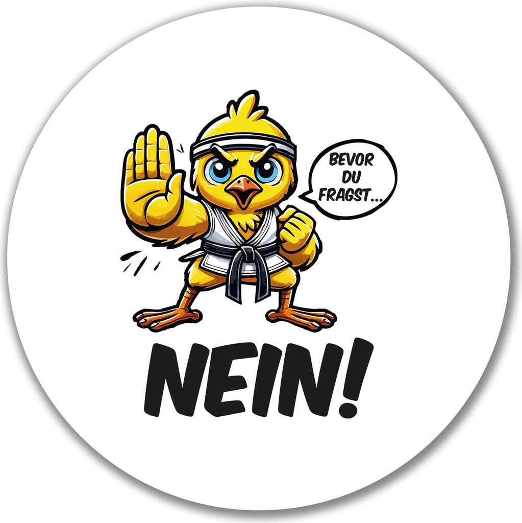 Huuraa Aufkleber Bevor du fragst.. Nein Karate Küken 10cm rund Sticker Geschenkidee