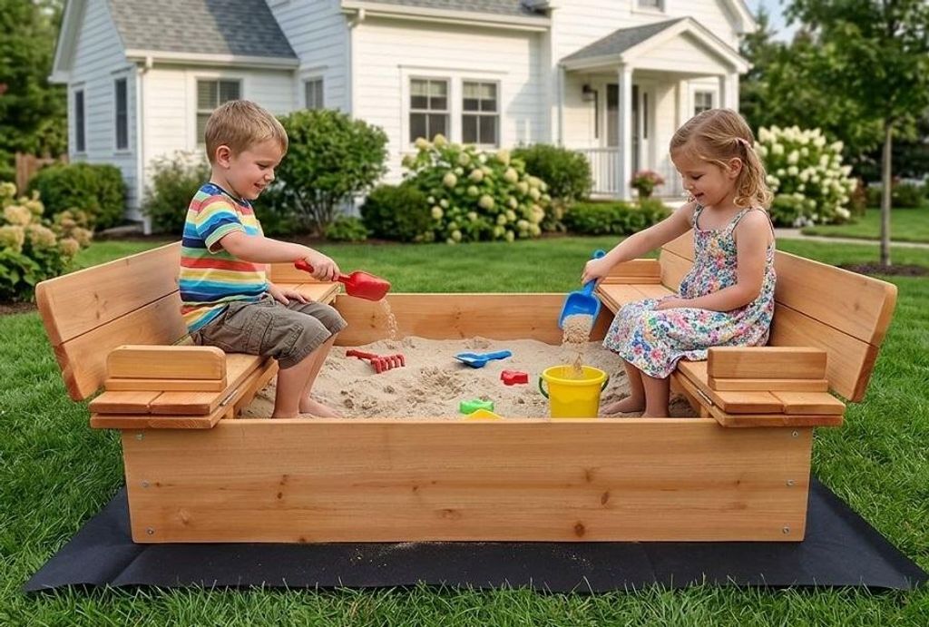Sandkasten WOODLI mit Deckel und Sitzbänken Holzsandkasten Produktbild 