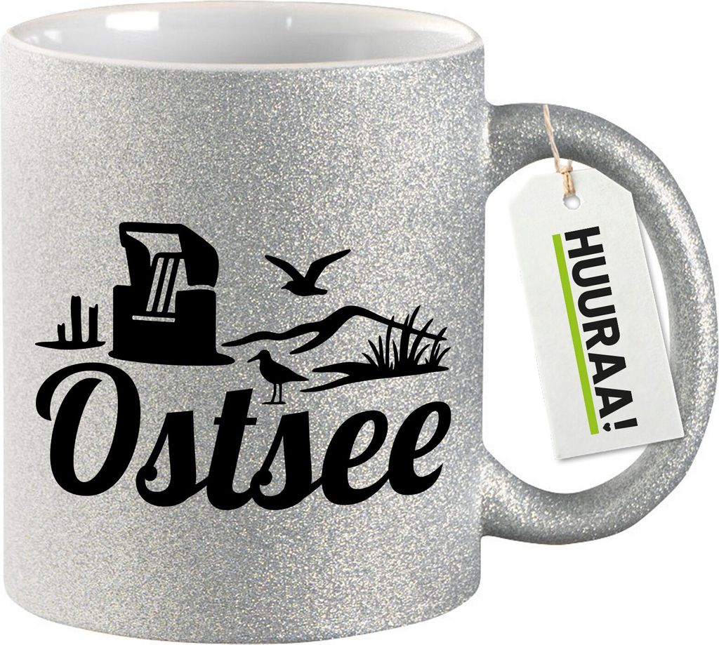 Huuraa Glitzertasse Ostsee Strandmotiv 330ml Silber Keramik Kaffeebecher Geschenkidee