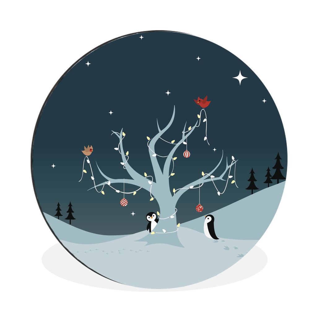MuchoWow Aluminium Wandkreis Illustration von zwei Pinguinen beim Schmücken eines Weihnachtsbaums Ø 90 cm Wanddeko Modern Wohnzimmer - Mauerkre...