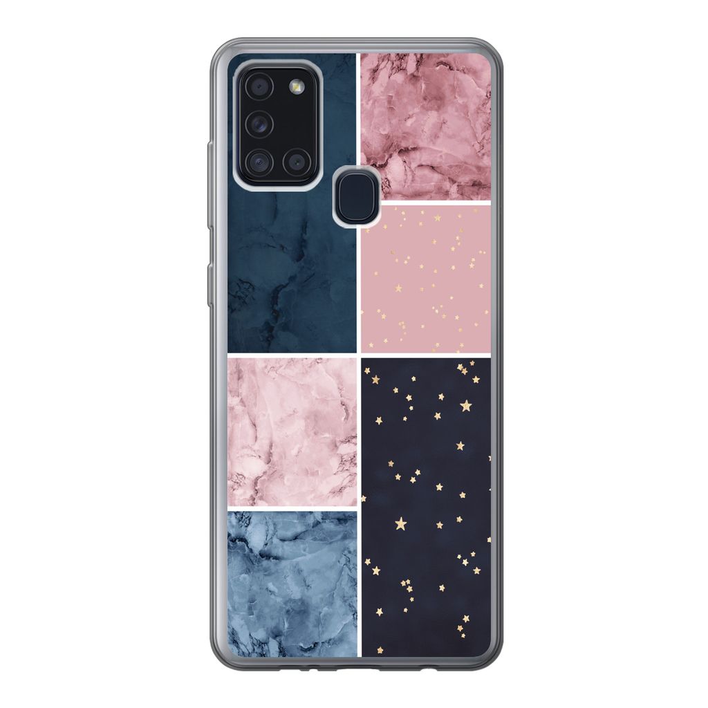 MuchoWow Handyhülle Schutzhülle Hülle für Samsung Galaxy A21s Marmor - Rosa - Blau Silikon Softcase Handy Hülle - Hartschale