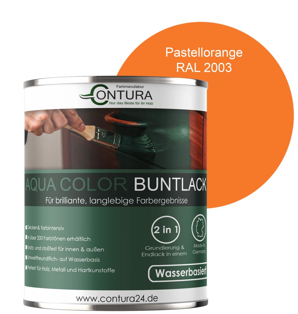 Contura 750ml. Buntlack Lackfarbe Lack Außen Innen Holz Metall Farbe Holzlack Möbellack - Seidenmatt - RAL 2003 Pastellorange