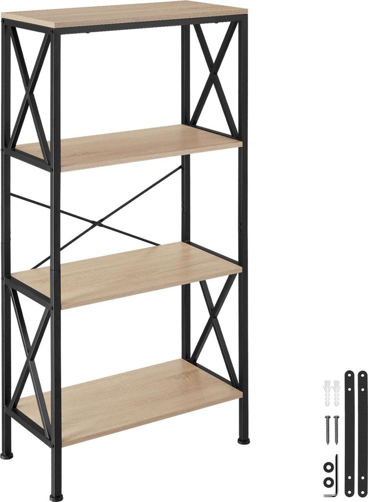 A freestanding shelf unit with a metal frame and wooden shelves.