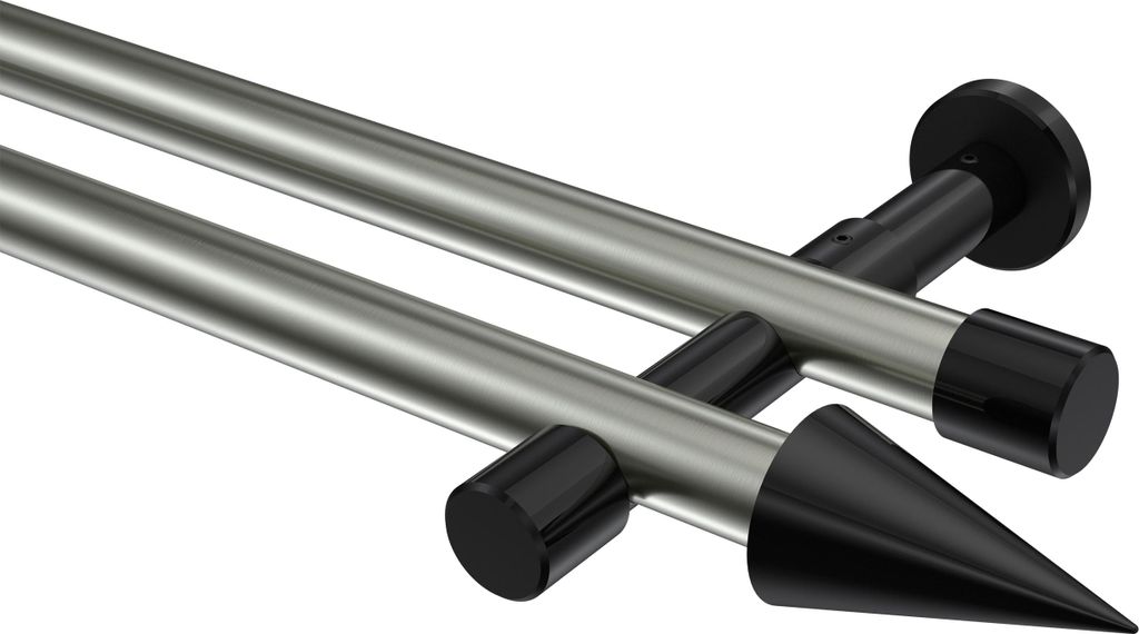 Interdeco Gardinenstange / Vorhangstange Edelstahl-Optik / Schwarz, Typ Prestige Savio (Kegel) ohne Ringe, 20 mm Ø 2-läufig, 260 cm