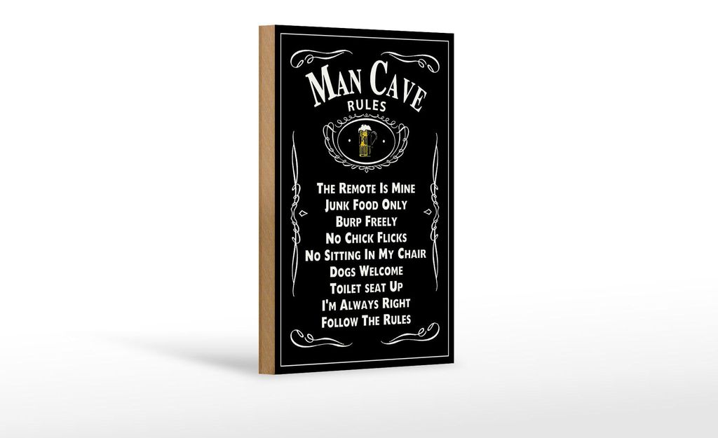 Holzschild Spruch 12x18 cm Man Cave rules Bierglas Deko Schild