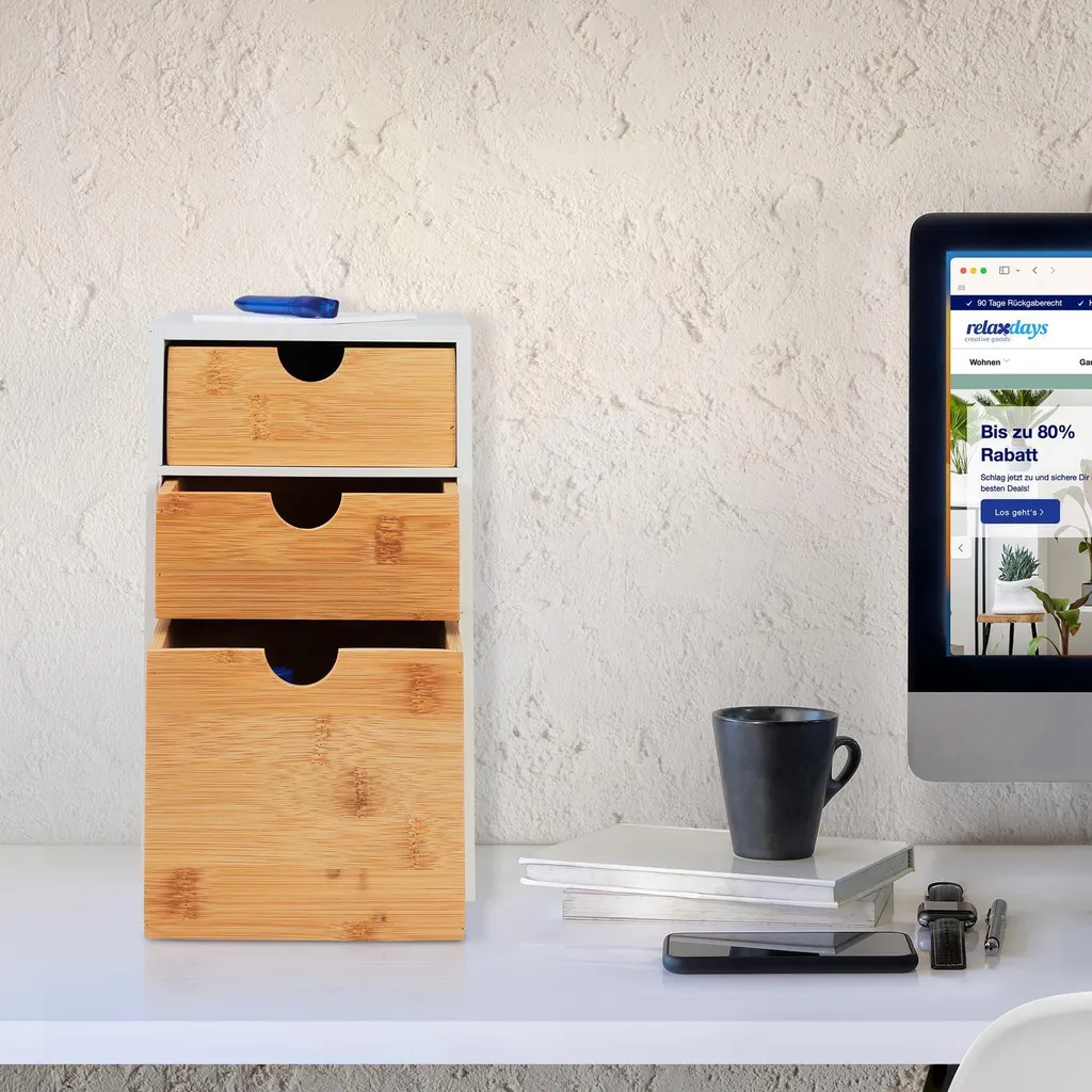 Rangement de bureau pour fournitures 3 tiroirs bois de bambou et MDF